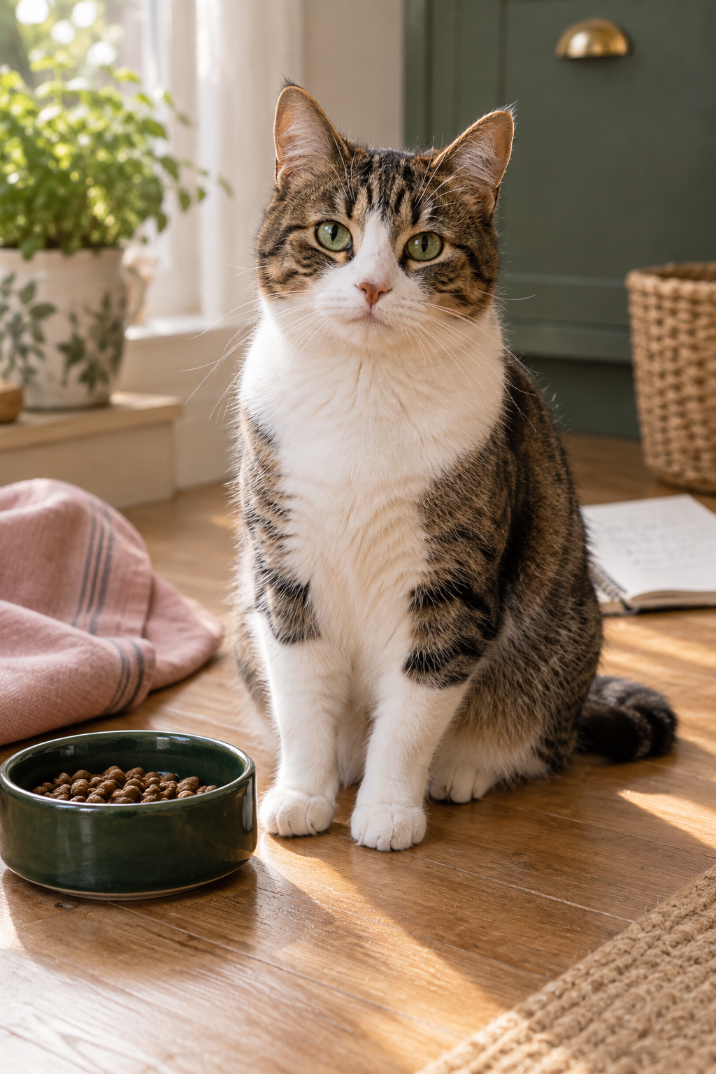 An illustrated photographic portrait of a cat at home beside a care notebook